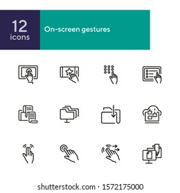 On-screen gestures line icon set. Double tap, swipe, hand. Modern technology concept. Can be used for topics like app development, touchpad, digital devices, manuals