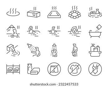 Onsen icon set. It included hot spring, bathing, hot water, relaxation, Japanese, cultural, and more icons. Editable Vector Stroke.