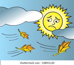 The onset of fall with leaves blowing in the wind as a sad sun looks on through the clouds.