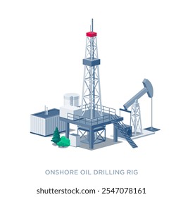 Onshore crude oil drilling derrick rig platform. Petrochemical heavy gasoline production industry. Flat isolated vector illustration on white background in isometric dimetric style.