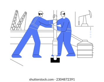 Onshore oil drilling abstract concept vector illustration. Workers drilling of onshore oil wells, fossil and gas exploration, raw materials industry, petrochemical sector abstract metaphor.