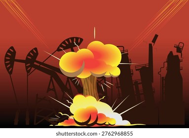 Onshore oil drilling rig explosion, dramatic industrial disaster scene with massive flames and thick black smoke, land-based drilling platform engulfed in fire, energy crisis concept. vector.
