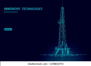 Onshore Oil Gas Drilling Rig. Raw material economy finance business concept. Petroleum industrial well machine ecology. Low poly glowing night silhouette 3D render polygonal vector illustration