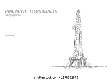 Onshore Oil Gas Drilling Rig. Raw material economy finance business concept. Petroleum industrial well machine ecology. Low poly glowing night silhouette 3D render polygonal vector illustration