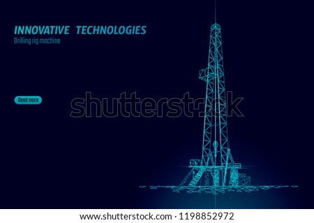 Onshore Oil Gas Drilling Rig. Raw material economy finance business concept. Petroleum industrial well machine ecology. Low poly glowing night silhouette 3D render polygonal vector illustration