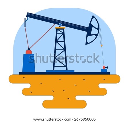 Onshore rig pumpjack extracting crude oil 2D vector illustration. Land petroleum pump jack, geology. Energy sector. Oilfield machinery flat scene isolated on white background. Colorful cartoon image
