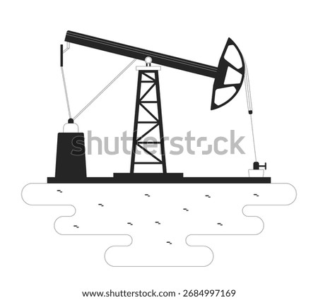 Onshore rig pumpjack extracting crude oil outline illustration. Land petroleum pump jack, geology. Energy sector. Oilfield machinery 2D line scene isolated on white. Monochrome vector ink linear image