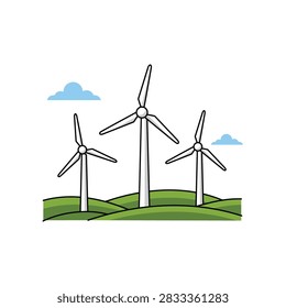 Onshore wind farm flat vector icon showing three modern wind turbines rotating on green rolling hills under a clear sky. Colorful electricity and power infrastructure illustration ideal for renewable energy websites, electrical engineering presentations, utility company branding, power industry infographics and educational diagrams about the electric grid.