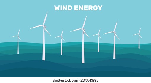 Onshore-Windparks. Grüne Windturbinen auf dem Meer, im Ozean. Windturbinen. Vektorgrafik. Saubere Energie. Planet retten