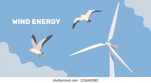 Onshore wind farms. Green energy wind turbines on the sea, in the ocean. Wind turbines. Vector illustration. Gray and white seagull in sky. Flying gull. 