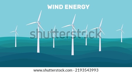 Onshore wind farms. Green energy wind turbines on the sea, in the ocean. Wind turbines. Vector illustration. Clean energy. Save planet