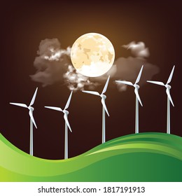 Onshore wind turbines producing sustainable renewable green energy set against a full moon night sky