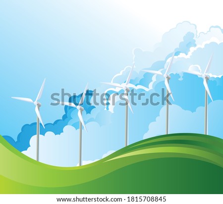 Onshore wind turbines producing sustainable renewable green energy set against a blue cloudy daytime sky