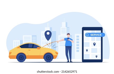 Onsite emergency service by car insurance service. A young man calls an auto insurance service that provides services when the car is inoperable. Vector illustration business character flat design