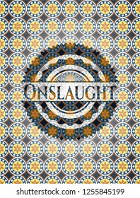 Onslaught arabic style badge. Arabesque decoration.