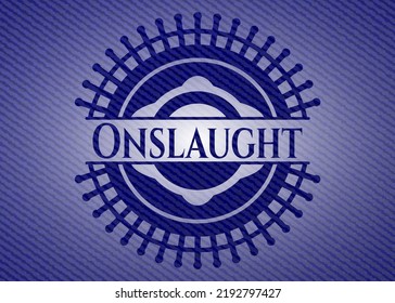 Onslaught badge with jean texture. Vector Illustration. Detailed. 