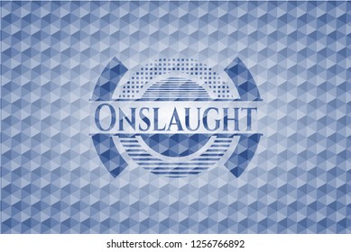 Onslaught blue badge with geometric background.