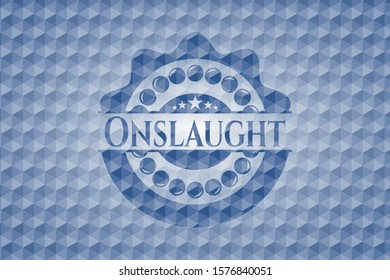 Onslaught blue badge with geometric background. Vector Illustration. Detailed.