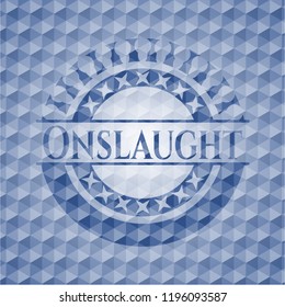 Onslaught blue polygonal badge.