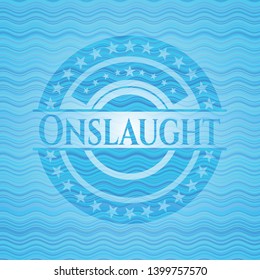 Onslaught light blue water wave style badge. Vector Illustration. Detailed.