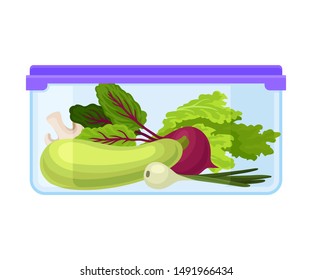 ontainer with fresh vegetables under a purple lid. Vector illustration on a white background.