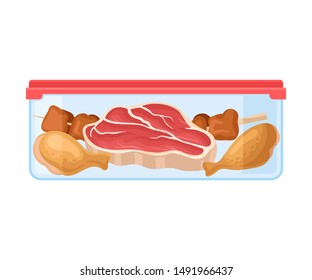 ontainer with prepared meat. Vector illustration on a white background.