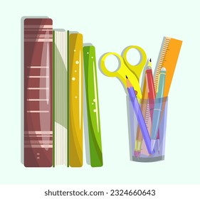 ontainer with schoolboy stationery. Books, scissors, ruler. Office supplies pen pencil