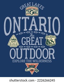 Ontario lake great outdoor explorer camp grunge vector print for boy t shirt with vintage embroidery patches applique