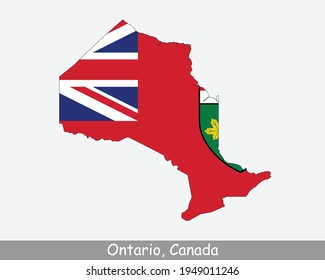 Ontario Map Flag. Map of ON, Canada with the flag isolated on white background. Canadian province. Vector illustration.