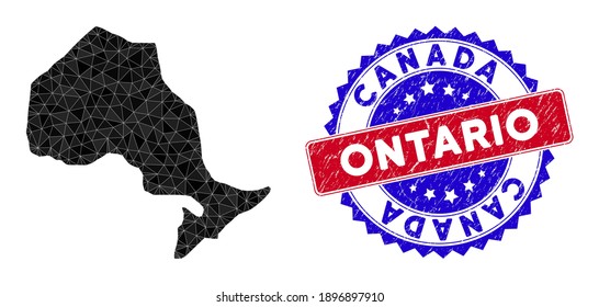 Ontario Province map polygonal mesh with filled triangles, and grunge bicolor stamp seal. Triangle mosaic Ontario Province map with mesh vector model, triangles have randomized sizes, and positions,