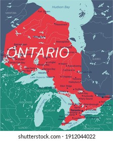 Ontario province vector editable map of the Canada with capital, national borders, cities and towns, rivers and lakes. Vector EPS-10 file