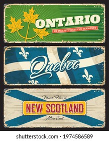 Ontario, Quebec and New Scotland Canada regions and provinces vector plates of Canadian flags and coat of arms. Vintage tin plates with gold maple leaves, heraldic fleur de lis, white and blue crosses