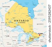 Ontario, southernmost province of Canada, political map. Located in Central Canada, the most populous province of the country with capital Toronto, and home of the national capital Ottawa. Vector