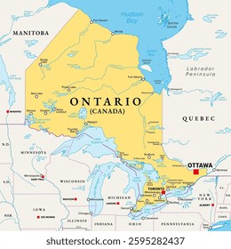 Ontario, southernmost province of Canada, political map. Located in Central Canada, the most populous province of the country with capital Toronto, and home of the national capital Ottawa. Vector