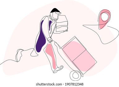On-time delivery of courier services, organic shape line illustrations, courier concepts to carry customer packages using trolleys, perfect for advertising, social media, web headers, mobile apps,