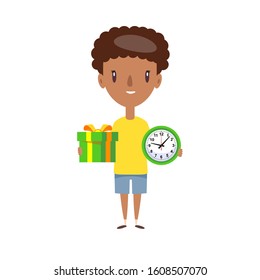 Ontime delivery service. Young logistic man in shorts and t-shirt standing, holding box and watch on white background. Vector flat design illustration.