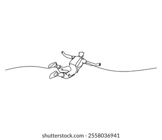 ontinuous line drawing of a bungee jumper mid-air, with a cord attached, capturing the thrill and motion of bungee jumping in a minimalist style