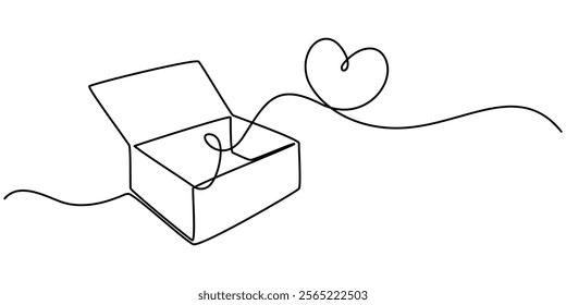 ontinuous One line drawing of donate box with heart. Concept of help support and volunteer activity in simple linear style, One continuous line drawing of donate box with heart. Minimalist concept. 