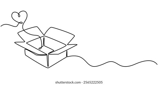 ontinuous One line drawing of donate box with heart. Concept of help support and volunteer activity in simple linear style, One continuous line drawing of donate box with heart. Minimalist concept. 
