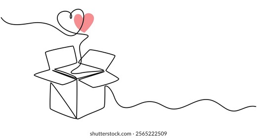 ontinuous One line drawing of donate box with heart. Concept of help support and volunteer activity in simple linear style, One continuous line drawing of donate box with heart. Minimalist concept. 