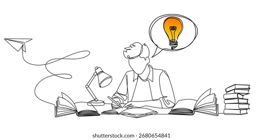 desenho contínuo em linha única de homem e mulher tomando notas no diário ou diário e uma mulher tendo uma ideia, uma bolha de fala com uma lâmpada e um avião de papel voador desenhado. Símbolo linear de formação educacional	