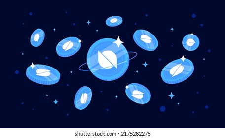 Ontology (ONT) coins falling from the sky. ONT cryptocurrency concept banner background.