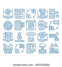 Un vector de icono de esbozo de OnTransactions. Dibujo manual de la línea azul del doodle en OnTransactions, Pictogramas de la operación de pago financiero seguro. Depósito de Dinero Bancario en Internet, Ilustraciones de Cambio de Divisas