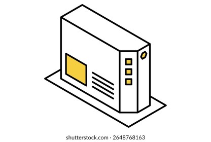 ONU optical network unit isometric line icon with fiber optic connection and indicator lights, Vector Illustration