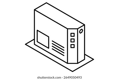 ONU optical network unit isometric line icon with fiber optic connection and indicator lights, black and white, Vector Illustration