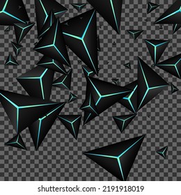 Onyx Facet Background Transparent Vector. Dark Prism Mosaic. Polygon Glow Illustration. Blue Neon Fiber Backdrop.