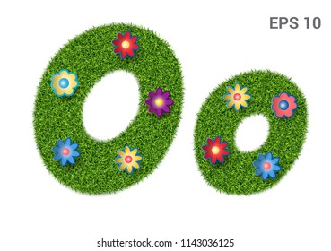 Oo - capital and Oopital letters of the alphabet with a texture of grass. Moorish lawn with flowers. Isolated on white background. Vector illustration