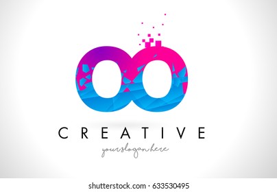 OO O Letter Logo with Broken Shattered Blue Pink Triangles Texture Design Vector Illustration.