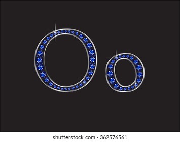 Oo in stunning blue sapphire precious round jewels set into a 2-level silver gradient channel setting, isolated on black. Vector EPS-10 file, transparency used. 