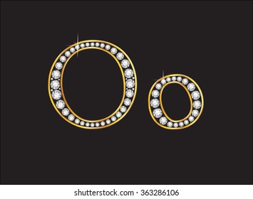 Oo in stunning diamond precious round jewels set into a 2-level gold gradient channel setting, isolated on black. Vector EPS-10 file, transparency used. 